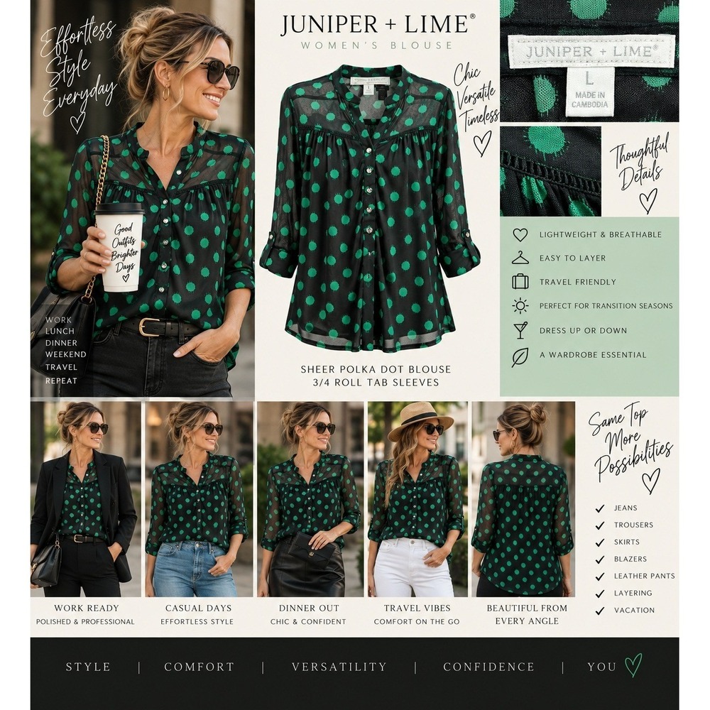 Juniper + Lime Black Green Polka Dot Mesh Roll Tab Sleeve Blouse L Whimsigoth